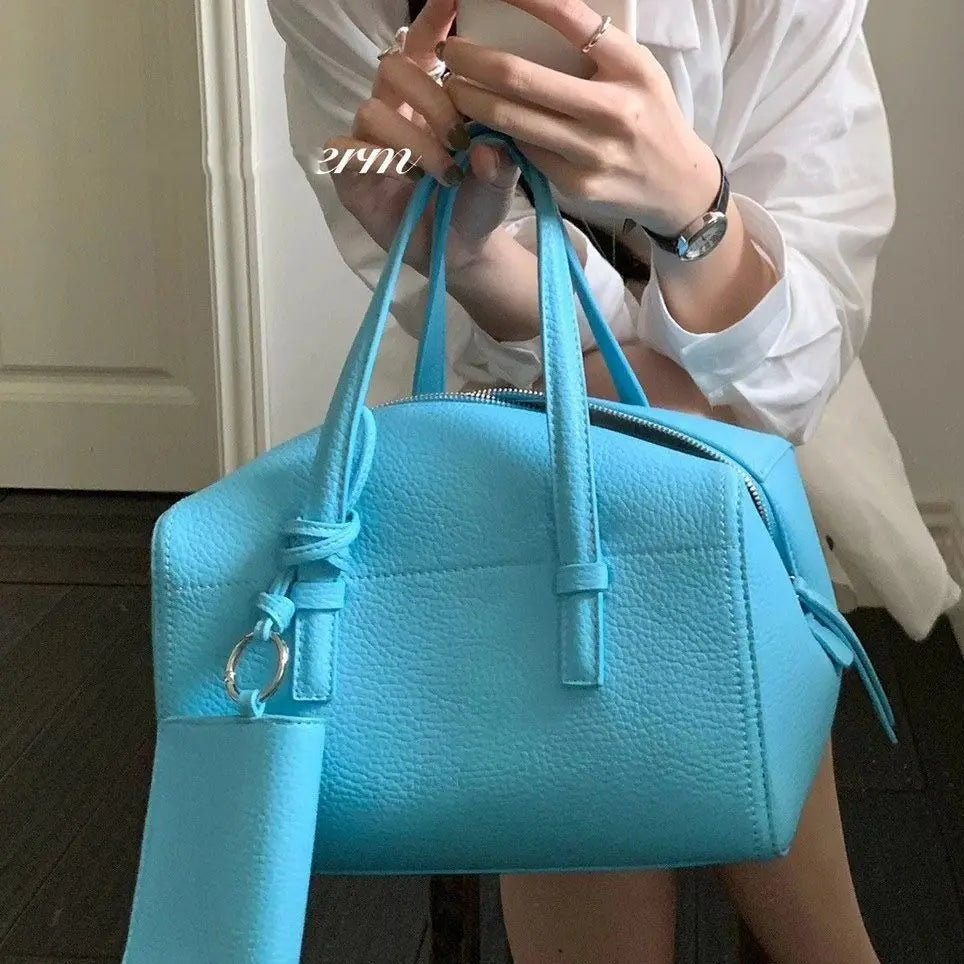 Cyflymder  Ins Korean Retro Blue Boston Handbag Women PU Leather Large Capacity Pillow Bag Ladies Cute Commuter Versatile Crossbody Bag New