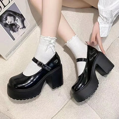 Cyflymder Shoes Female Mary Janes Women's High Heels Platform Dress Pump Women Shallow Buckle Strap Round Toe Chunky Heel Shoes Women