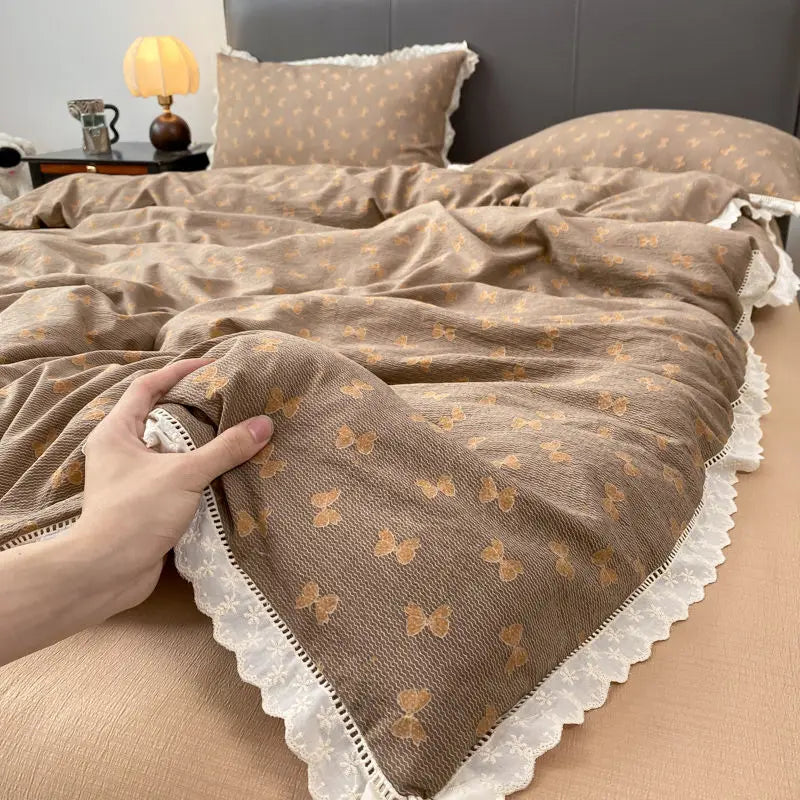 Cyflymder  INS French Lace Trim Bowknot Double Layer Gauze Quilt Cover Four-Piece Set Simple Bed Sheet Fitted Sheet Dormitory Three-Piece