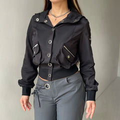 Cyflymder   Black Single-breasted Stand-up Jacket Women Casual Full Sleeve Coats Vintage 2000s Outwear y2k Outfits Autumn Cardigan