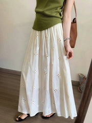 Cyflymder  New Style White Elegant Embroidered Hollow Floral Midi Long Skirt for Women, High Waist Dress