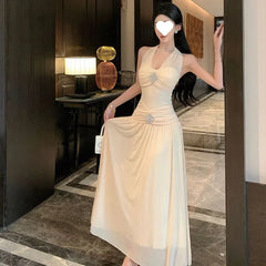 Cyflymder  French Style V-Neck Hanging Neck Slimming Long Dress Sexy Pure Desire Beach Vacation Dress Elegant Waist-Cut Gown
