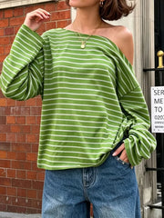 Cyflymder   Color Block Striped Off-shoulder Women Tops Skew Collar Long Sleeve Loose Fashion Casual T-shirts Streetwear Summer Tees