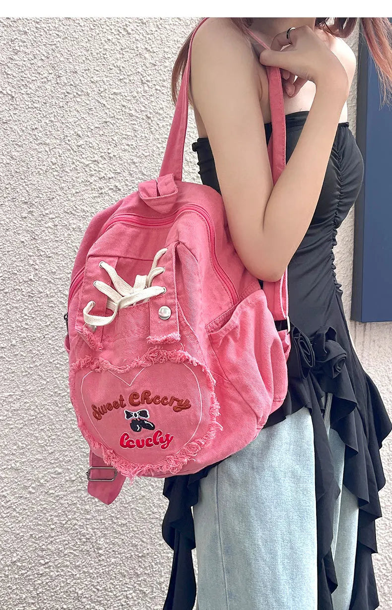 Cyflymder  Cute Pink Denim Women Backpacks Large capacity shoulder Bags Girls School Bags Embroidered letters daypacks Travel Jean Bagpack