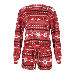 Cyflymder  Christmas Women's Two Piece Sets Print O-neck Drawstring Hem Tops Shorts Party Casual New in Matching Sets 69512