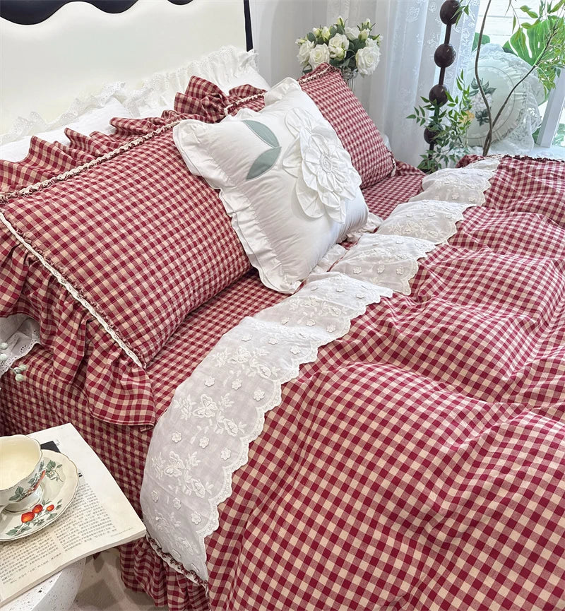 Cyflymder  100% Cotton yarn-dyed Plaid Washed Cotton Ruffles Korean Princess Bedding Set Duvet Cover Quilted Bedspread Pillowcases 4Pcs