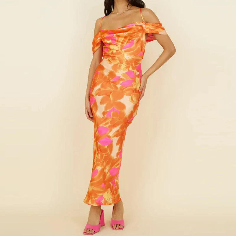 Cyflymder  Summer Sleeveless Slim Wrap Hip Party Dress Elegant High Waist Tie-up Dress Sexy One-shoulder Printed Backless Halter Maxi Dress