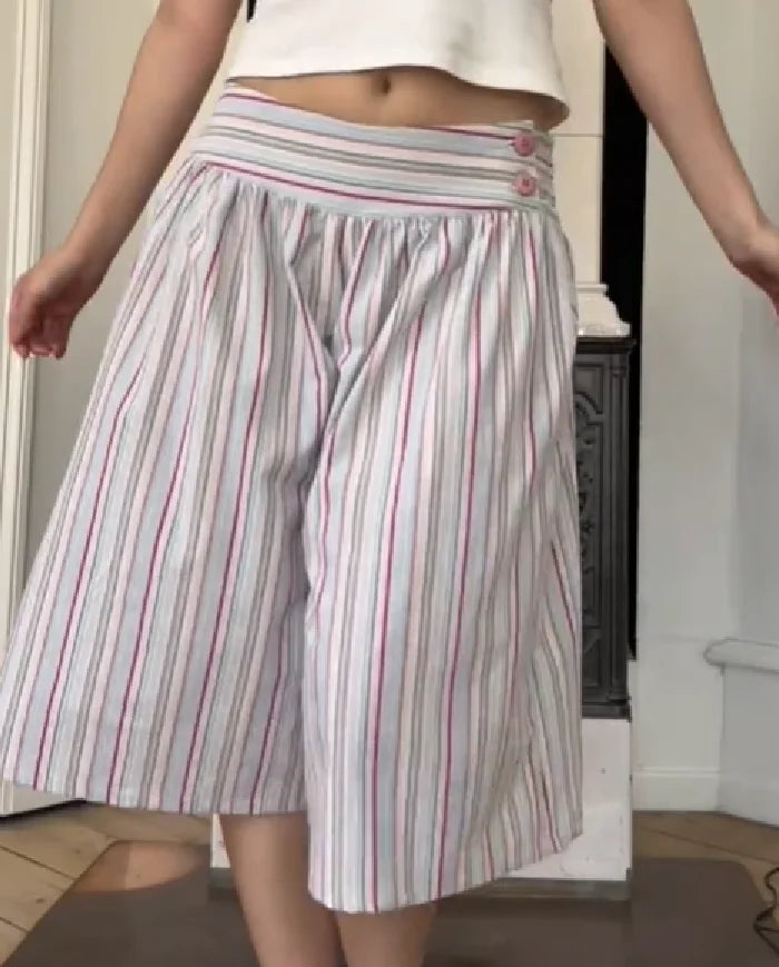 Cyflymder  Women's Casual Multicolor Striped Wide Leg Shorts High Waist Elastic Waistband Loose Fit Knee-length Culottes For Daily Wear
