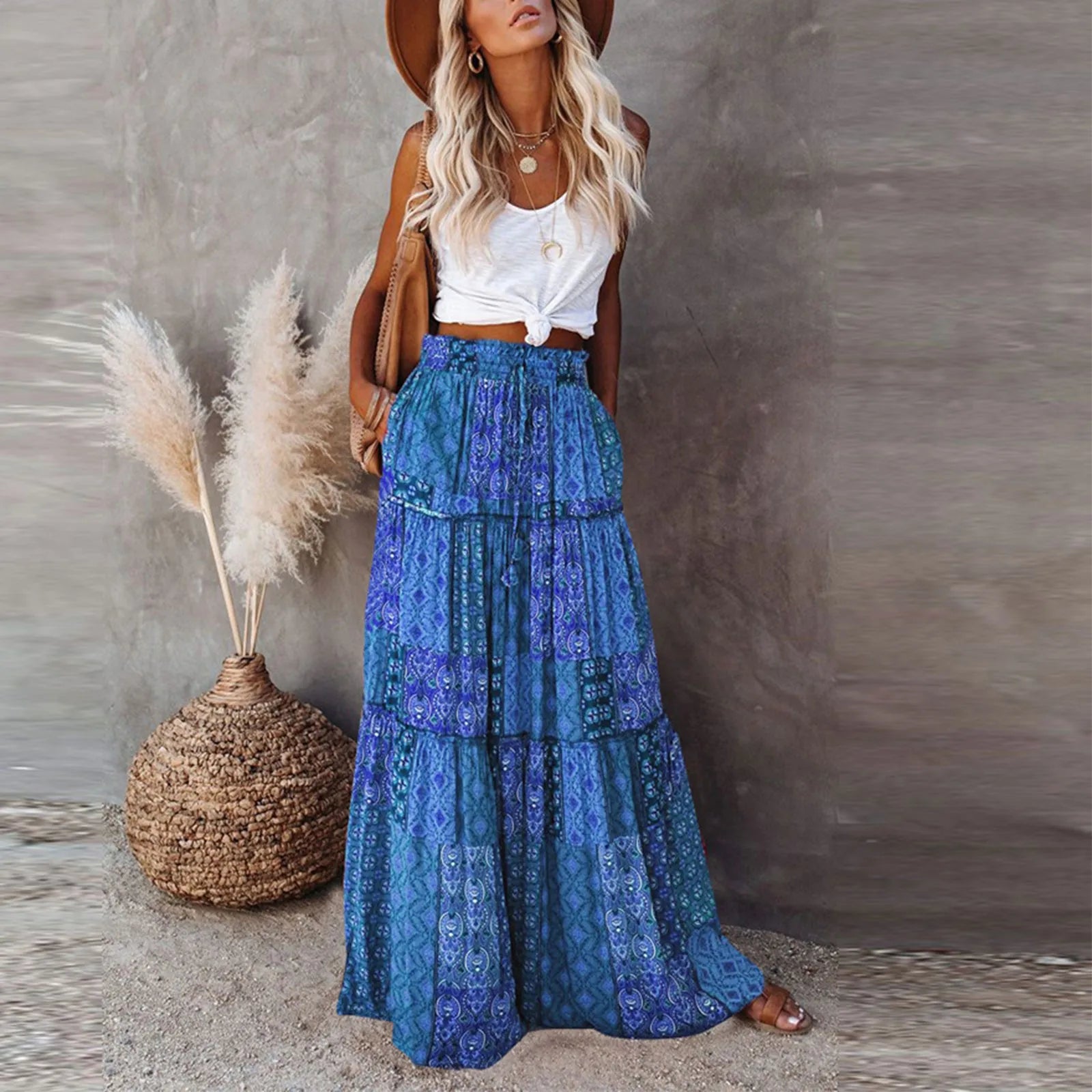 Cyflymder  Ladies’ Fashion Bohemian Flower Printing Elastic Waist Pleated Skirt Loose Casual Vintage High Waist Tie A-Line Long Skirt