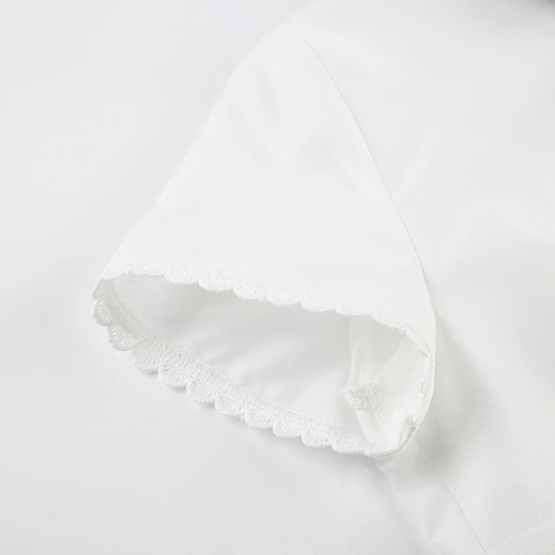Cyflymder  Prepppy Style Casual Solid Lace Trim Blouse Slim Turn Down Collar Short Sleeve Shirts Women Summer Fashion Ladies