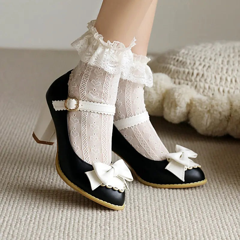 Cyflymder  Block Heels For Women Pumps Basketball Platform Bow Shoes Sandals Ladies Shallow Mouth Sweet Round Toe Chunky African Big Beige