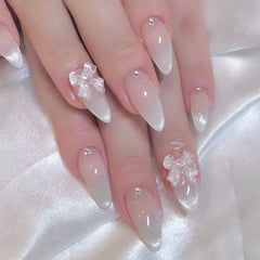 Cyflymder  Sweet Pink French Nail Art 3D Bowknot Butterfly Pearl False Nails Fashion Detachable Finished Fake Nails Press on Nail with Glue