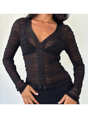 Cyflymder  Women’s Ruched Mesh Tops Long Sleeve Solid Color  Fit T-Shirts Hook and Eye Front Blouses