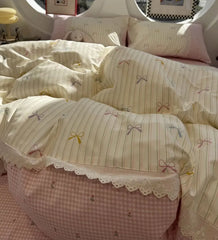 Cyflymder  Romantic sweet fairyfair lace bow plaid stripe pink bed set,full queen lovely cotton home textile sheet pillow case quilt cover