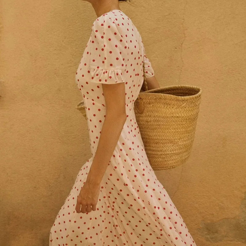 Cyflymder  Casual Short Sleeve High Waist Swing Dress French Style Seaside Vacation Maxi Dress Fashion Polka Dot Print V-neck Evening Dress