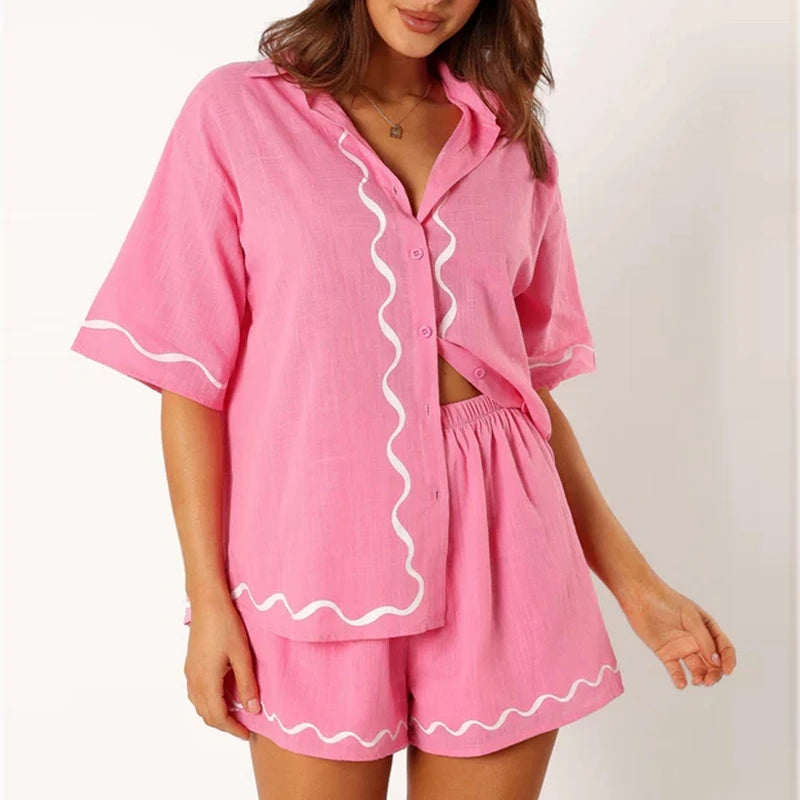 Cyflymder  Boho Beach Style 2 Piece Outfits Fashion Printed Short Sleeve Button Up Blouse Tops + Shorts Set Women Lounge Matching Beachwear
