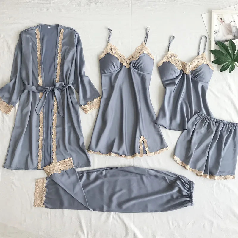 Cyflymder  Sexy Silk Nightgown Batobe Sexy Pure Appetite Women's Summer Long Sve Floral Print V-cut Slip Five Pcs Spwear Set