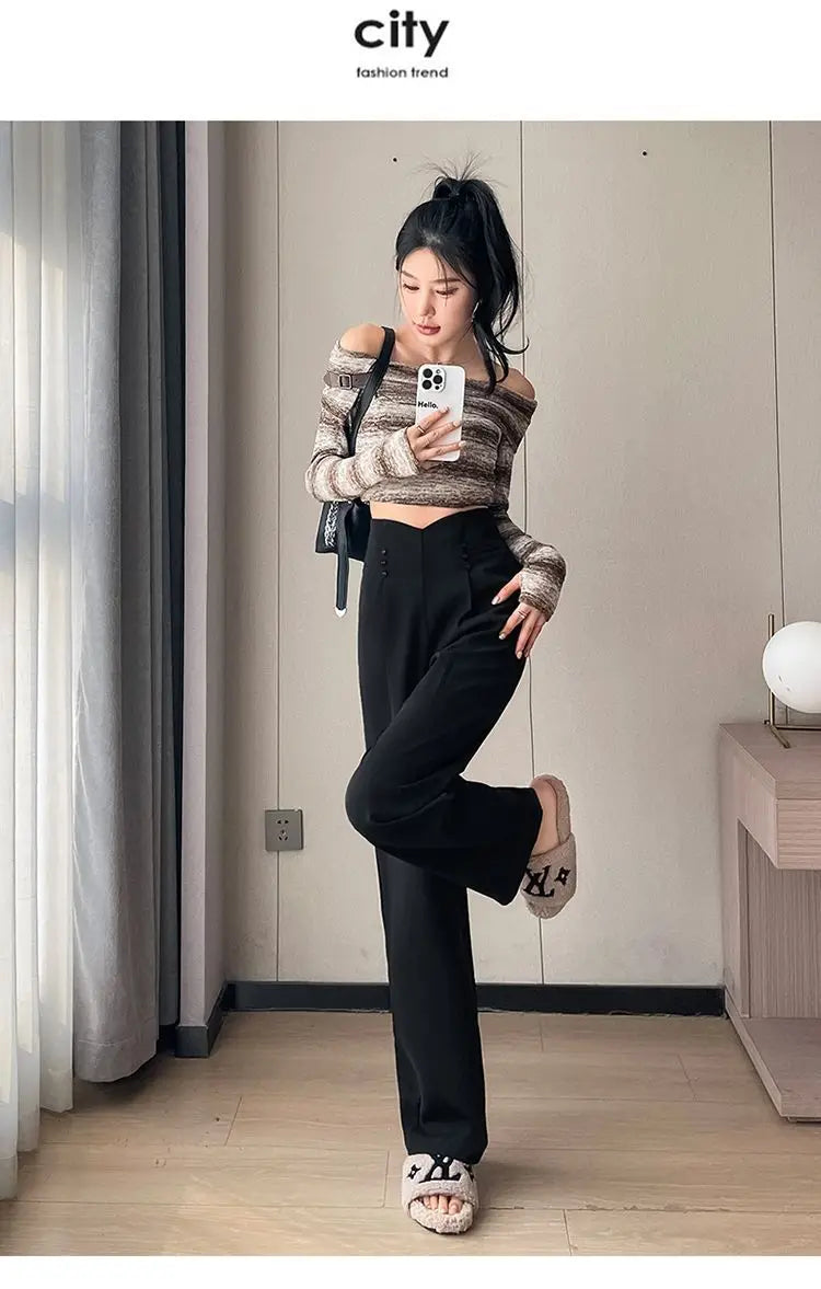 Cyflymder  Gray Wide-leg Pants for Women New Spring and Autumn Slim Casual Suit Pants High-end Drapey Straight-leg Floor Mopping Pants