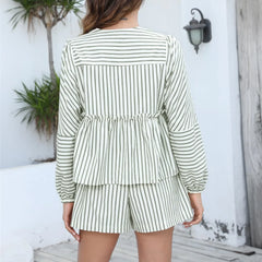 Cyflymder  Women's Striped Outfit Set Tiered Long Sleeve Tie-Up Shirt and Elastic Waist Shorts Casual 2 Piece Set for Fall