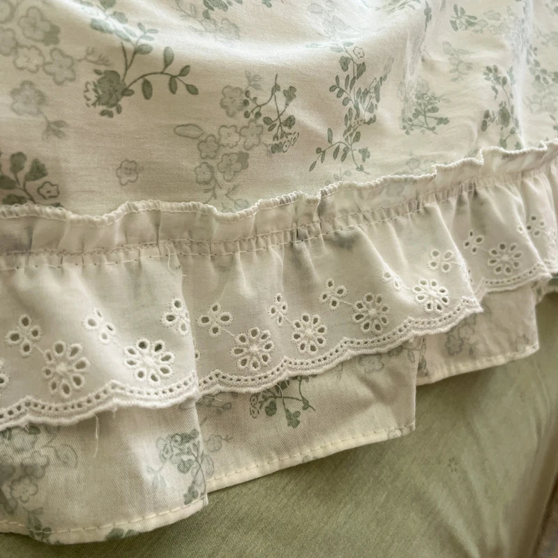 Cyflymder  Princess Style Lace Ruffles 100% Cotton Bedding Set Floral Pastoral Style Duvet Cover Flat/Fitted Bed Sheet Pillowcases 3/4Pcs