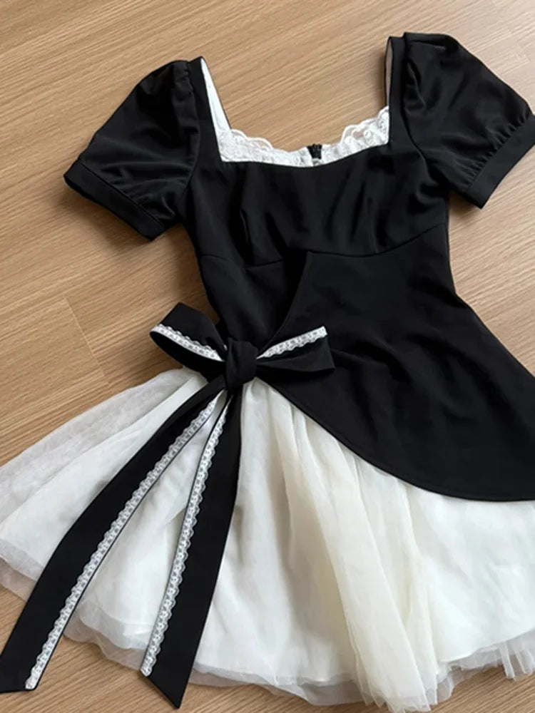 Cyflymder  Mesh Patchwork Sweet Dress Women Retro Cute Bow Slim Short Sleeve Mini Dress Casual Square Collar French Elegant Vestidos