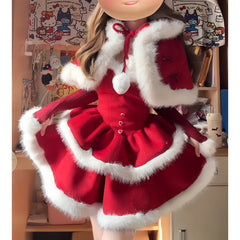 Cyflymder  Winter Christmas Lolita 2 Piece Sets Women Kawaii Plush Bow Hooded Cloak Coat Cute Slim Mini Dresses Korean Style Y2k Sweet Suit