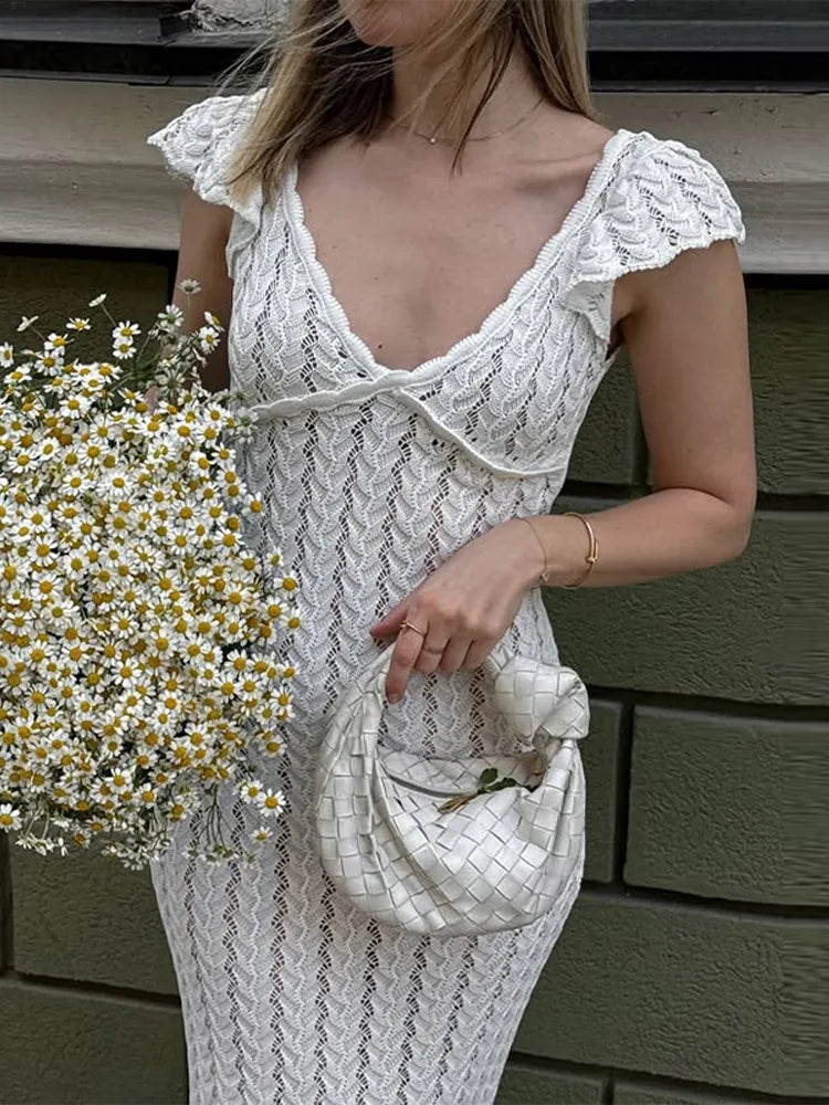 Cyflymder  Chic V-Neck Knitted Lace Long Dress Woman Hollowed Out Short Sleeves Slim Robes Solid Color Casual Elegant Women's Long Dresses