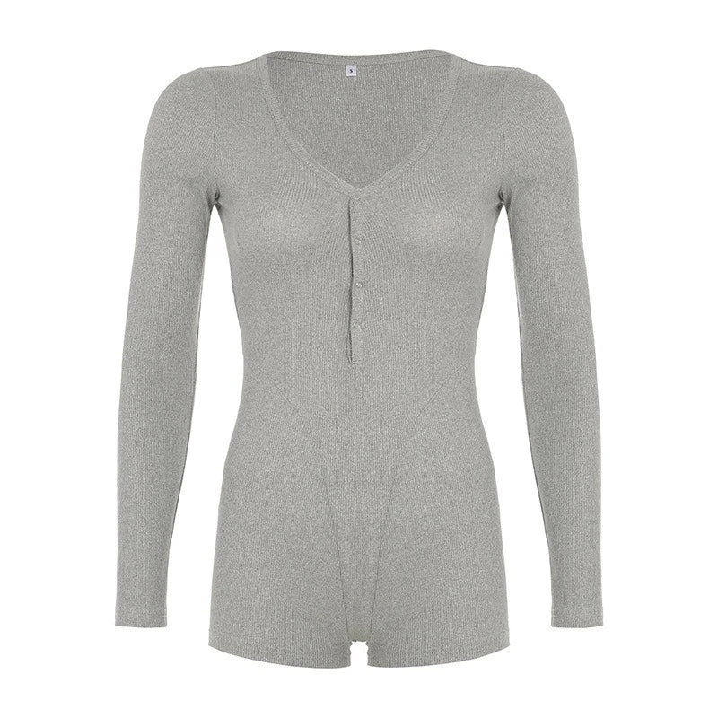 Cyflymder  Autumn 2025 Women Y2K Casual Sexy Solid Color Long Sleeved Slim Fit V-neck Single Breasted Jumpsuit Shorts Sport Streetwear