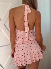 Cyflymder  Women Polka Dot Halter Mini Dress Backless Tie Ruched Waist Slim Sexy Y2K Chic Casual Date Vacation Party Beach Outfit