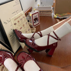 Cyflymder Red Mary Jane Women Pumps Thick High Heels Shoes Female Lolita Square Toe Shoes Spring Fashion Party Leather Woman Shoes New