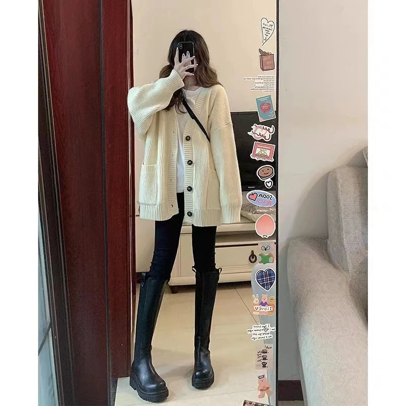 Cyflymder  Autumn Winter Knitted Cardigan Women Lazy Style Thick Loose Sweater Coat
