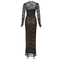 Cyflymder   Lace Maxi Dress See Through Full Sleeve Cape + Strapless Liner Bodycon Birthday Party Long Robe Evening Gown Women Sexy Clubwear