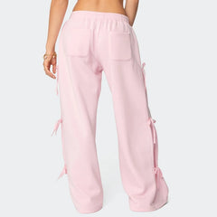 Cyflymder  Women Loose Fit Sweatpants Preppy Cute Side Bow Tie Up Trousers Casual High Waist Wide Leg Pants Lounge Bottoms