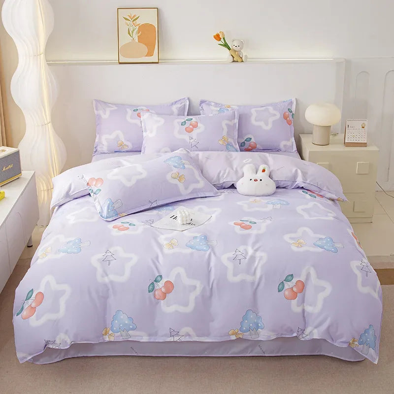 Cyflymder  Ins Style Plant Printed Skin Friendly Cotton Bed Sets 4Pcs Soft Cozy Duvet Cover Set for All Seasons King Queen Textile Supplies