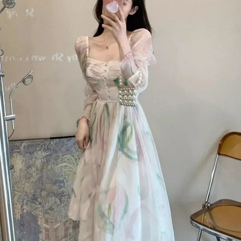 Cyflymder  Dresses Women Floral Printed Square Collar Puff Long Sleeve French Style Chic Temperament Elegant Dress Female Fashion