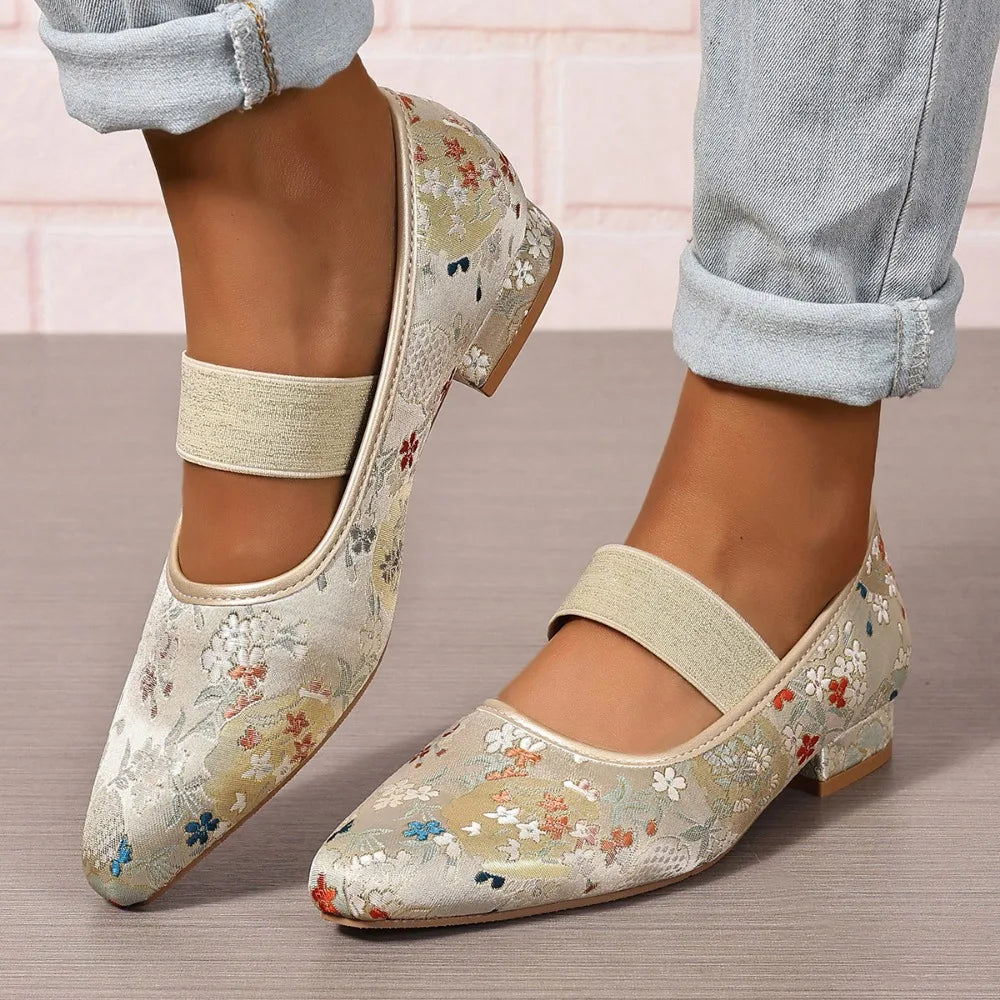 Cyflymder  Women's Low Heels Shoes Woman Elastic Band Point Toes PUmps Shallow Cloth Fabric Embroidery Women Ladies Square Heel Shoe