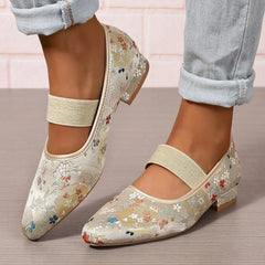 Cyflymder  Women's Low Heels Shoes Woman Elastic Band Point Toes PUmps Shallow Cloth Fabric Embroidery Women Ladies Square Heel Shoe