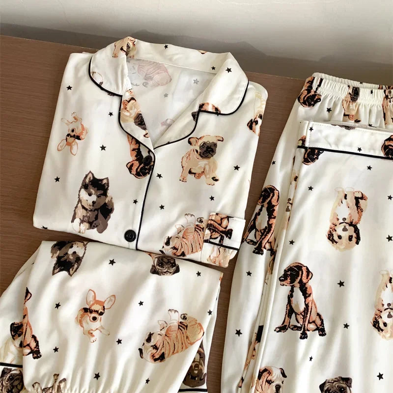 Cyflymder  Japanese Style INS Cute Dog Pyjamas Women's Short Sleeve Spring Summer Season Net Red Popular Homewear Three-piece Set