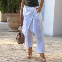 Cyflymder  Women's Baggy Pants Cotton Linen Harem Woven Trousers High Waist Pocket Crop Pants Wrap Front Cropped Wide Leg Pants Solid