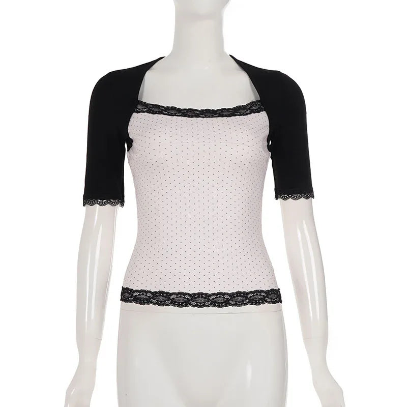Cyflymder   Lace Patchwork Polka Dot Women Tops Square Neck Half Sleeve Slim Fit Hotsweet Fake Two-piece T-shirts Streetwear Y2K Tees