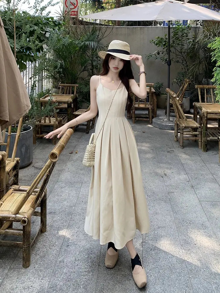 Cyflymder  Audrey Hepburn Style Sling Dress Summer New French Style Socialite Elegant Tight Waist Slimming Mid-length Pleated Skirt