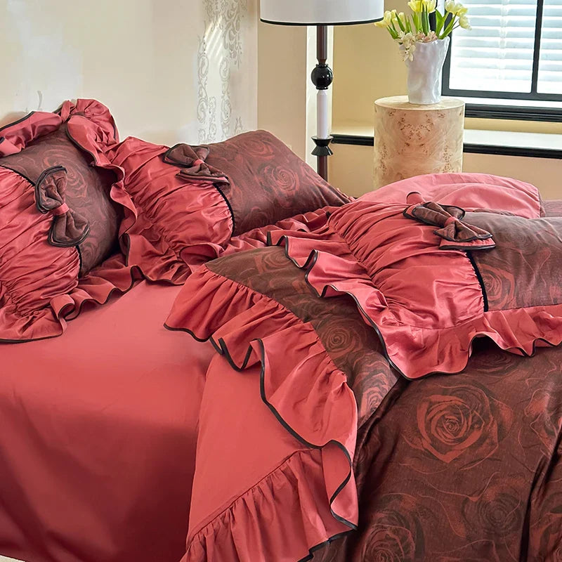 Cyflymder Red Rose Bow Lace Edge Design Cotton Bedding Set Duvet Cover Linen Fitted Sheet Pillowcases Home Textile