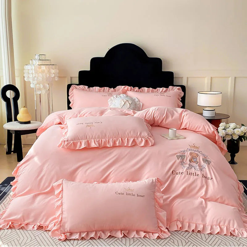 Cyflymder  French Embroidered Bed Skirt Bedding Sets Washed Cotton Knitted Bedclothes with Ruffled Edges Universal Size Textile Supplies