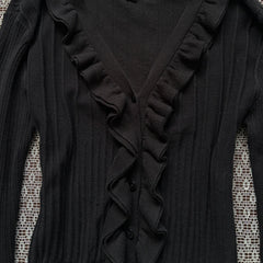 Cyflymder  Women Y2K Ruffle V Neck Knit Cardigan Slim Flare Long Sleeve Ribbed Knitted Top Vintage Gothic Streetwear Button Front Sweater