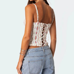 Cyflymder  Women Y2K Floral Mesh Cami Top Spaghetti Strap Low Cut Crop Top Flower Print Patchwork Sheer Mesh Tank Top