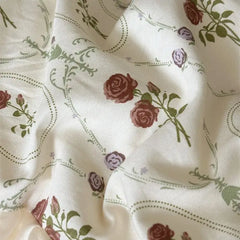 Cyflymder  4Pcs Vintage French Pure Cotton Rose Print Pleated Lace Ruffles Bedding Set Queen King Size Duvet Cover Set Bed Sheet Pillowcase