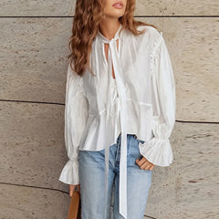 Cyflymder  Women Casual High Street Solid Color Commuting Top Simple Lace Up Ruffle Design Tees 2025 New Autumn Puff Sleeve Loose Pullover