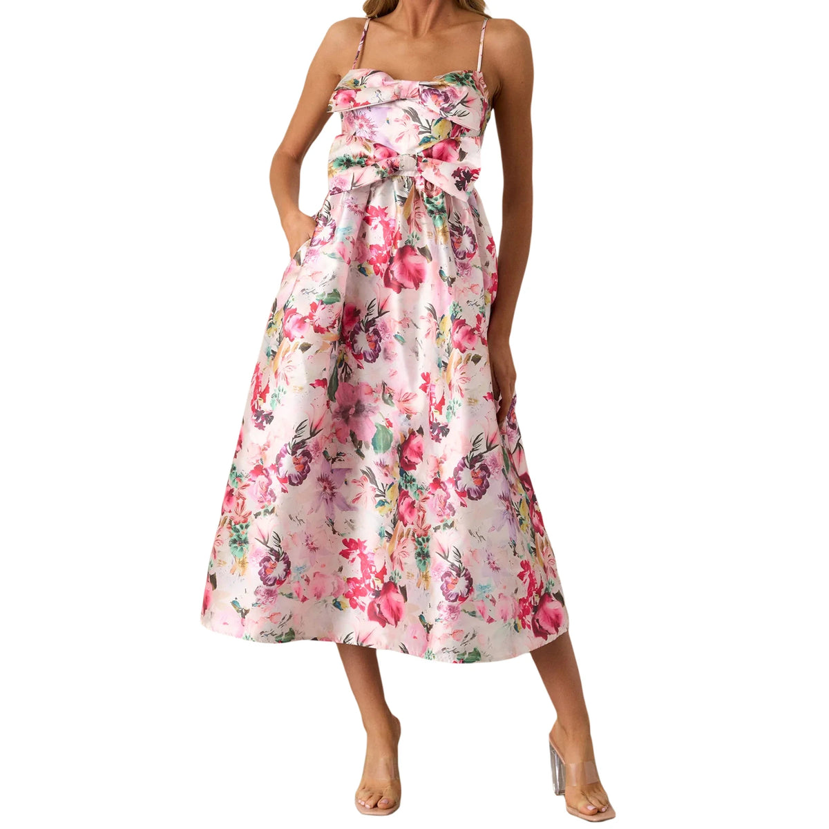 Cyflymder  Women s Floral Print Sleeveless Spaghetti Strap Maxi Dress with Bow Front Detail and Loose Fit for Vacation or Special Occasions