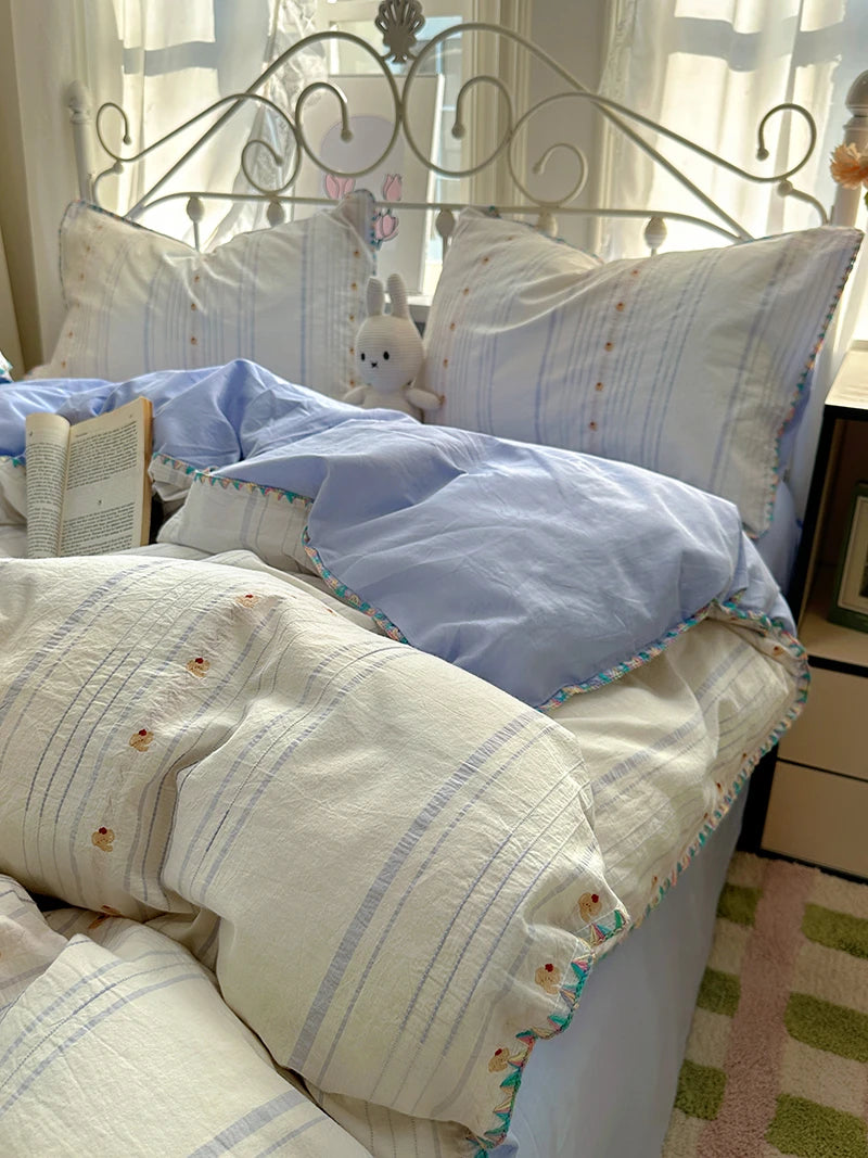 Cyflymder  100% Cotton Yarn-dyed Jacquard Floral Bedding Set Single Queen King Size Duvet Cover Bed Sheet/Fitted Sheet Pillowcases 3/4Pcs
