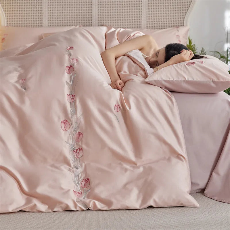 Cyflymder  Long-staple Cotton Floral Blossom Embroidery Comfortable Ultra Soft (1Duvet Cover+1Flat Bedsheet/Fitted Bedsheet+ 2Pillowcases)
